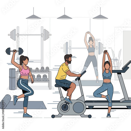 People doing exercise in the gym with equipment for workout and training