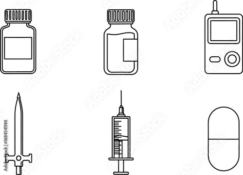 Diabetes treatment supplies medical equipment line art vector set