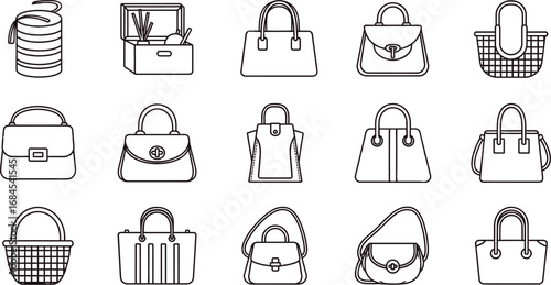 Vector line art illustration of various types of stylish bags