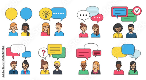 Diverse people interacting with speech bubbles, indicating communication and connection
