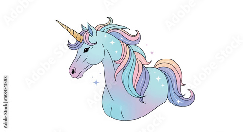 Beautiful Unicorn Head with Rainbow Mane and Golden Horn.