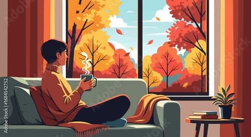 A person relaxing on a sofa by the window with a cup, gazing at the autumn trees outside in a cozy living room scene Whisk_cxzjkwzmiy eps file