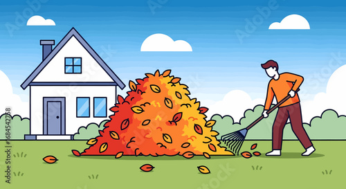 Man Raking Autumn Leaves in Front of a House Fall Season Yard Work Illustration