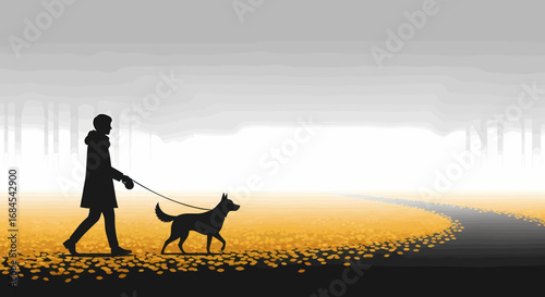 Autumn Stroll Person Walking Dog in Foggy Field