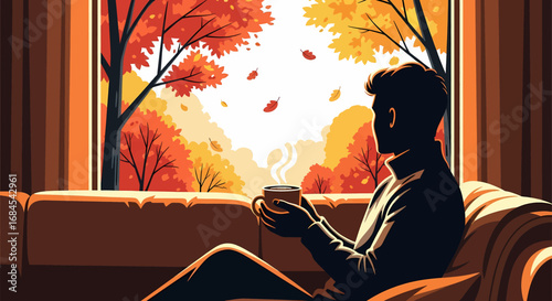 Man relaxing on couch with coffee, gazing out window at autumn trees and falling leaves in warm, serene illustration