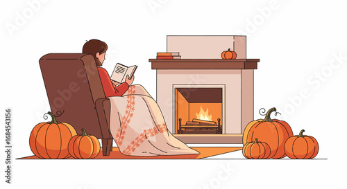 A cozy autumn scene with a person relaxing in a chair by a warm fireplace, reading a book and surrounded by pumpkins