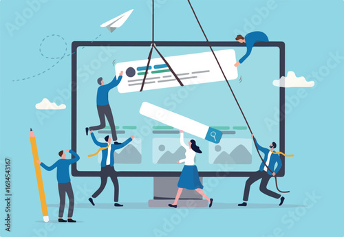 Website development, build homepage layout or html designer, SEO search engine optimization or site template creation concept, business people help carry web banner create website on computer screen