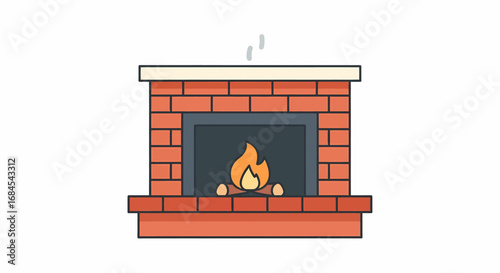 Cozy Brick Fireplace Illustration with Warm Flames and Mantle