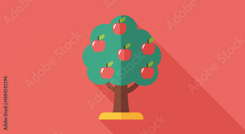 Vibrant flat design illustration of a healthy apple tree laden with ripe red fruit, symbolizing abundance, nature's bounty, and fresh produce with a modern aesthetic