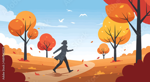 A solitary figure enjoying a refreshing walk on a winding path through a beautiful and vibrant autumn park landscape