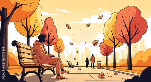 A solitary figure enjoys a peaceful autumn day on a park bench, surrounded by colorful fall foliage and city scenery
