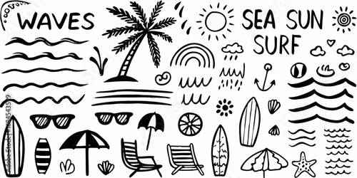 Collection of hand drawn black and white summer beach vacation icons and symbols