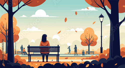 Autumn park scene with a woman sitting on a bench, enjoying the fall foliage and a tranquil atmosphere
