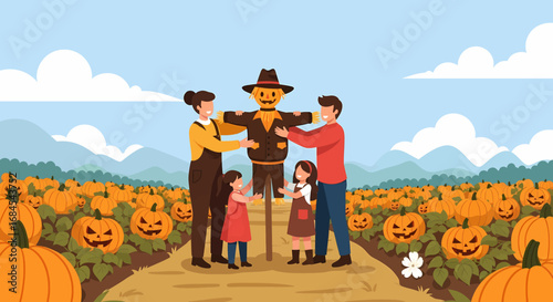 Happy family of four enjoying a sunny autumn day in a festive pumpkin patch, sharing laughter and creating memories around a charming scarecrow amidst the bountiful harvest season