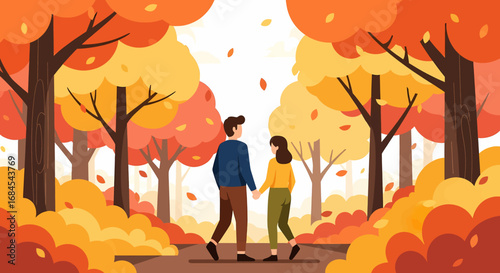 Autumn Romance Couple Walking Hand-in-Hand Through Colorful Fall Foliage