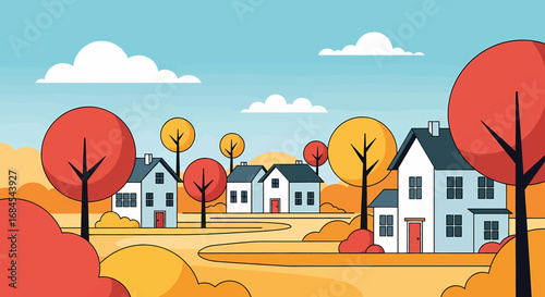 Vibrant autumn landscape with cozy suburban houses and colorful fall trees. A peaceful neighborhood scene in a flat vector illustration style