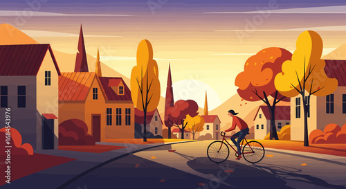 Autumnal Cycle A Scenic Bike Ride Through a Charming Town Under Golden Hues
