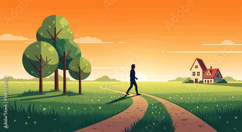 Tranquil Walk Home A Silhouette on a Path Through a Peaceful Landscape