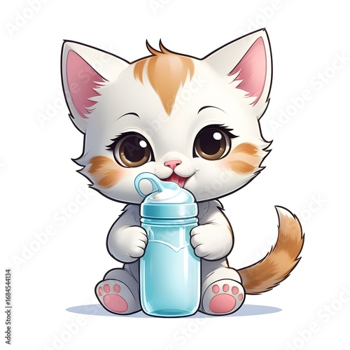 Cute Kawaii Kitten Drinking Milk Bottle – Adorable Chibi Cat Illustration on White Background