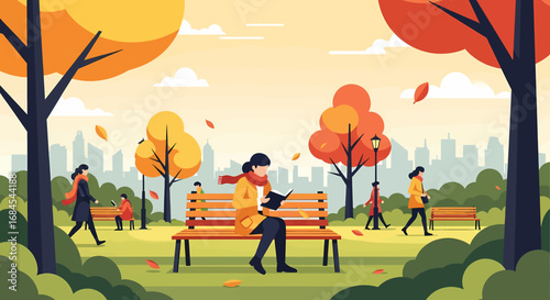 Autumn Serenity Reader on Park Bench Surrounded by Fall Foliage and City Skyline