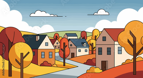 Cozy Autumn Village Scene with Colorful Trees and Houses on a Sunny Day