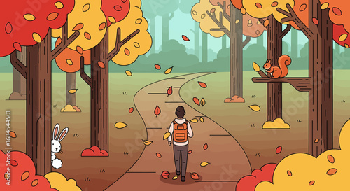 Solitary journey through a vibrant autumnal forest, a person finds tranquility walking along a winding path with colorful swirling leaves