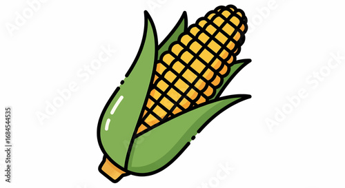 A single, vibrant ear of corn, showcasing its golden kernels and green husks, presented as a clean, simple illustration