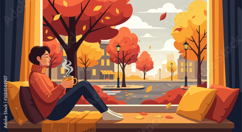 Cozy Autumn Day Relaxing by the Window with a Warm Drink