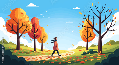 A peaceful autumn stroll through a vibrant park, leaves falling gracefully around a solitary walker enjoying the crisp seasonal air