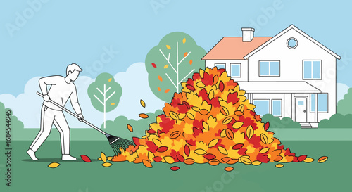 A man diligently raking a massive pile of vibrant, colorful autumn leaves in the front yard of his home, a classic seasonal chore