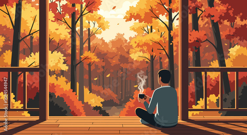 Serene autumn escape, a person enjoying a hot drink on a wooden deck overlooking a vibrant fall forest