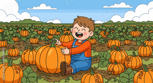 Happy child embraces a giant pumpkin in a vibrant pumpkin patch under a bright blue sky, autumn harvest