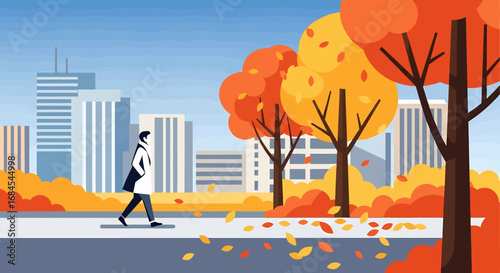 Person Strolling Through Park on Autumn Day with Colorful Trees and Buildings in Background