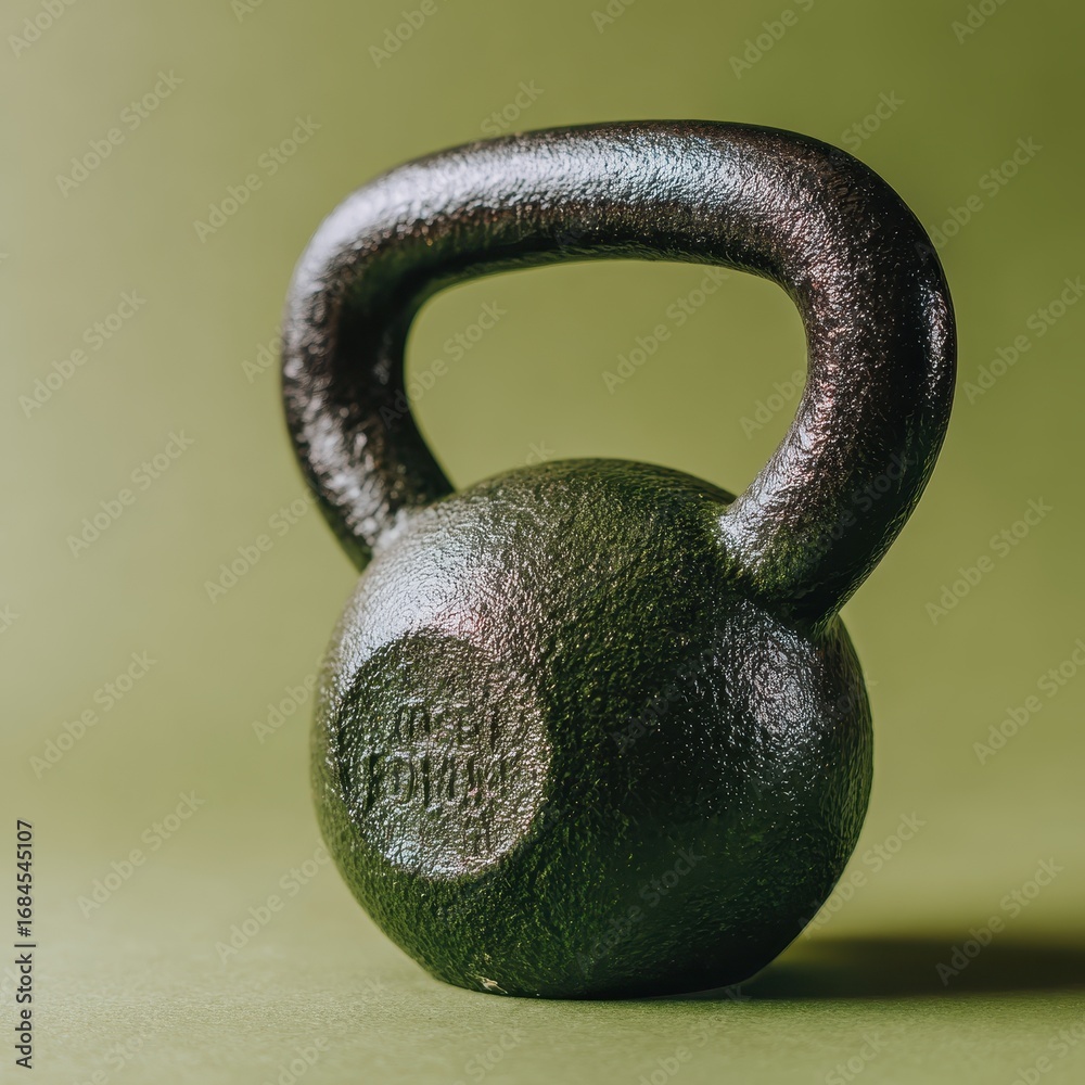 Fototapeta premium Close up view of a dark colored kettlebell on a muted green background. The kettlebell has a speckled texture.