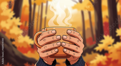 Cozy autumn warmth Hands holding a steaming mug, set against a vibrant fall forest bathed in golden light. Captures the serene beauty and comfort of the season