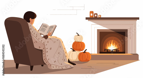 A tranquil illustration of a person whisked away by a good book while relaxing in a cozy armchair by a warm fireplace