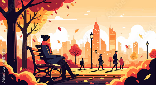 Vector illustration of a tranquil autumn scene in an urban park with a person on a bench enjoying the fall foliage and city skyline