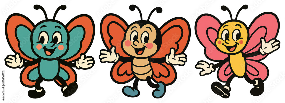 Fototapeta premium PNG Colorful cartoon butterfly characters, element set on transparent background