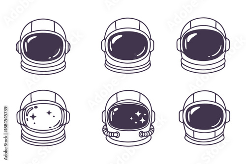 Set of cute astronaut helmet icons, hand-drawn vintage vector