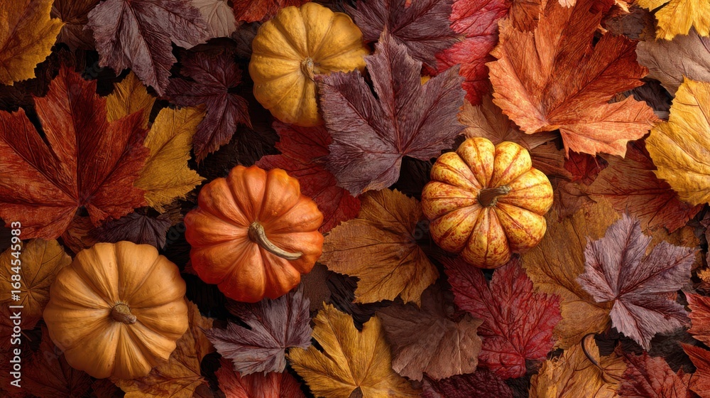 Fototapeta premium Autumn background for Halloween and Thanksgiving: lots of maple leaves and colorful pumpkins