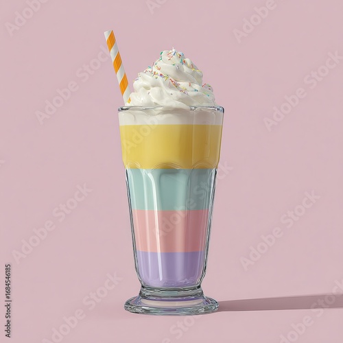 Colorful layered milkshake with whipped cream and straw on pink background