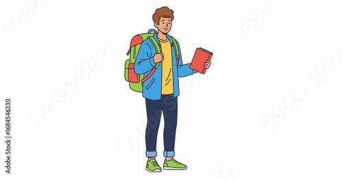 Adventurous traveler with backpack and book, ready to explore new destinations with excitement