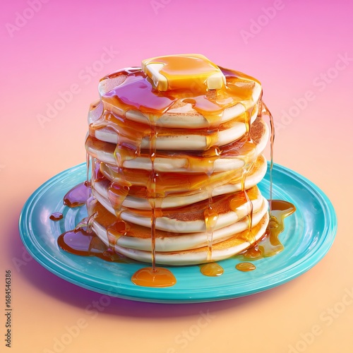 Delicious stack of pancakes topped with butter and syrup on a blue plate