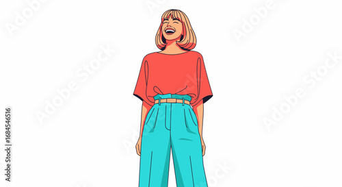 Joyful woman laughing with head tilted back, expressing happiness and vibrant energy