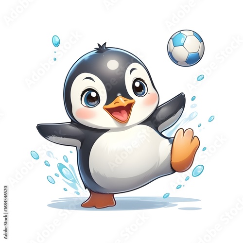 Cute Kawaii Penguin Playing Ball – Adorable Chibi Animal Illustration on White Background