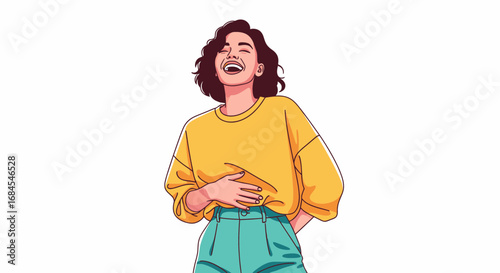 Joyful woman laughing with hand on stomach expressing happiness and contentment in style