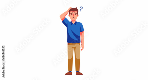 Confused man scratching head, unsure with question mark above, contemplating a decision
