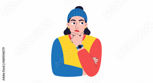 Thoughtful woman pondering ideas with hand on chin, contemplating decisions and solutions