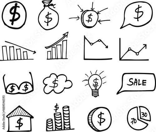 Hand Drawn Line Art Business Finance Vector Doodles Set with Dollar Signs, Money Bag, Charts, Graph, Lightbulb, Sale Bubble, House, and Coin Stacks