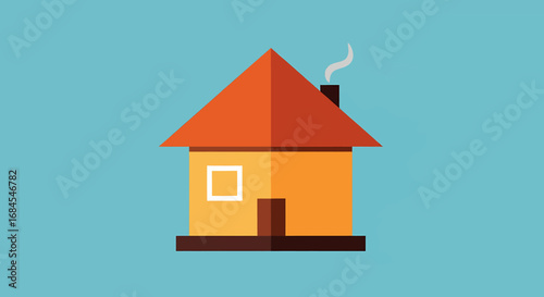 Minimalist flat design icon of a single-family house with an orange roof and a smoking chimney, symbolizing home, property, and residential living